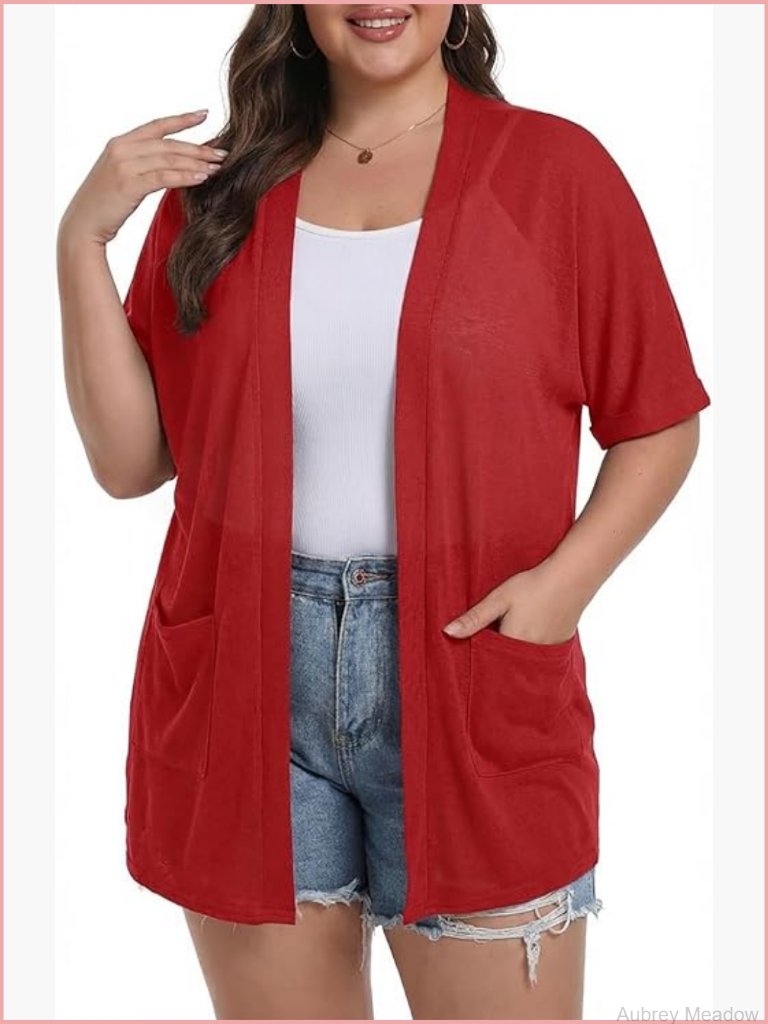 Plus Size Short Sleeve Cardigan Lightweight Open Front With Pockets Beach Cover